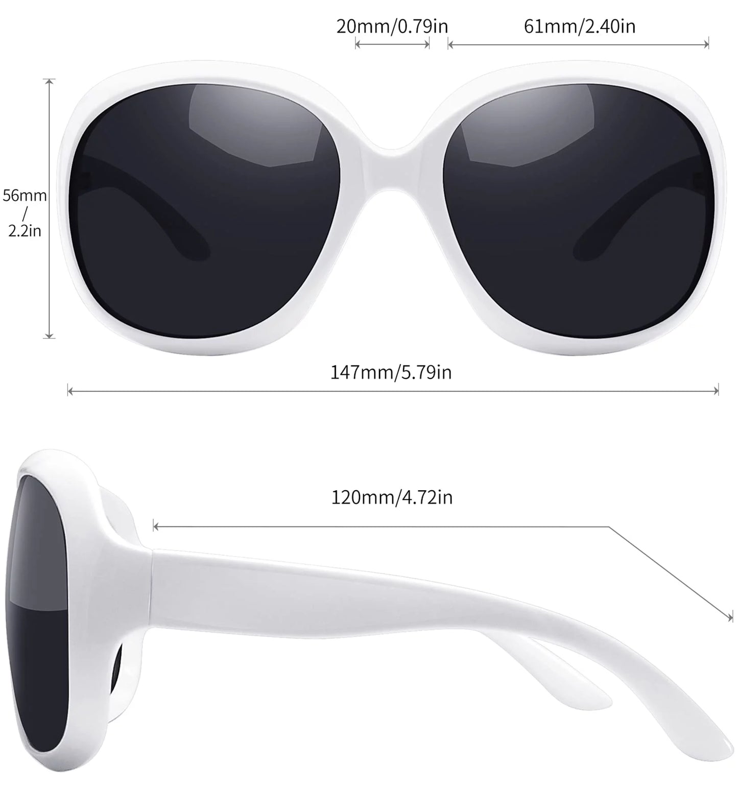 Oversized Polarized Sunglasses for Women, Ladies Vintage Thick Big Frame Sun Glasses Shades (Shiny White)