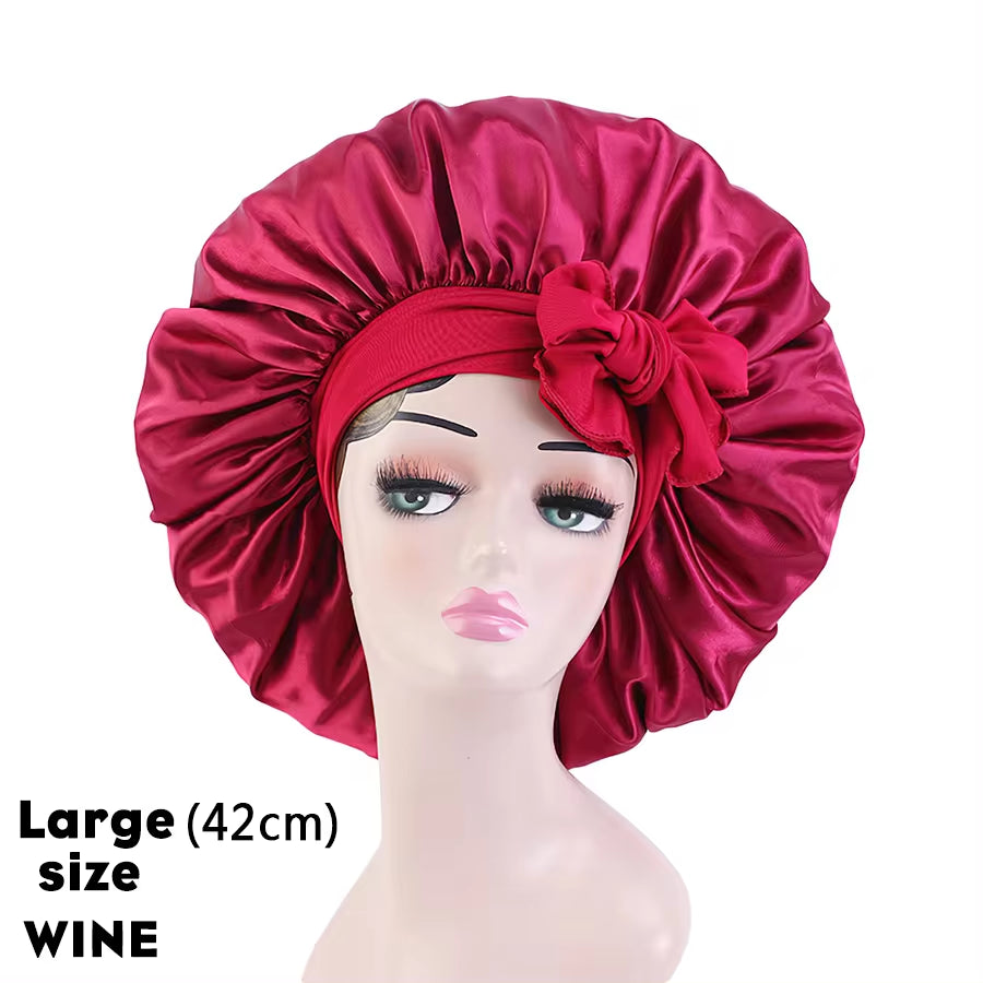 Custom Logo Women'S Satin Bonnet with Wide Stretch Ties Band Long Tail Bonnet Satin Cheveux Nuit Silk Sleeping Night Cap Bonnets