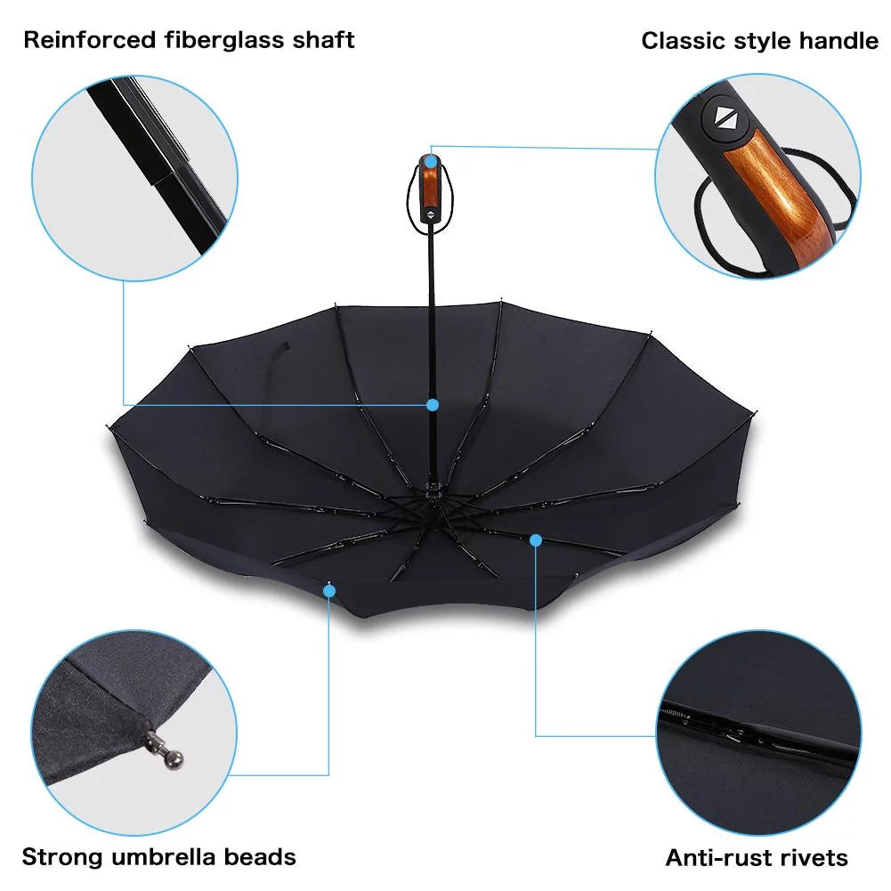 Black Large Windproof Travel Umbrella 10 Ribs Unbreakable Auto Open Close Waterproof Stormproof Canopy Rustproof Folding Compact Rain Umbrellas for Men and Women,Black Large Windproof Travel Um