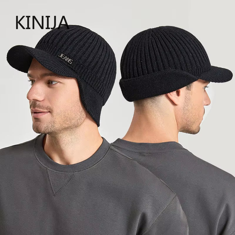 Men Winter Knitted Hat Outdoor Cycling Ear Protection Warmth Peaked Cap Casual Fashion Sunhat Bomber Skullies Beanies 55-60CM