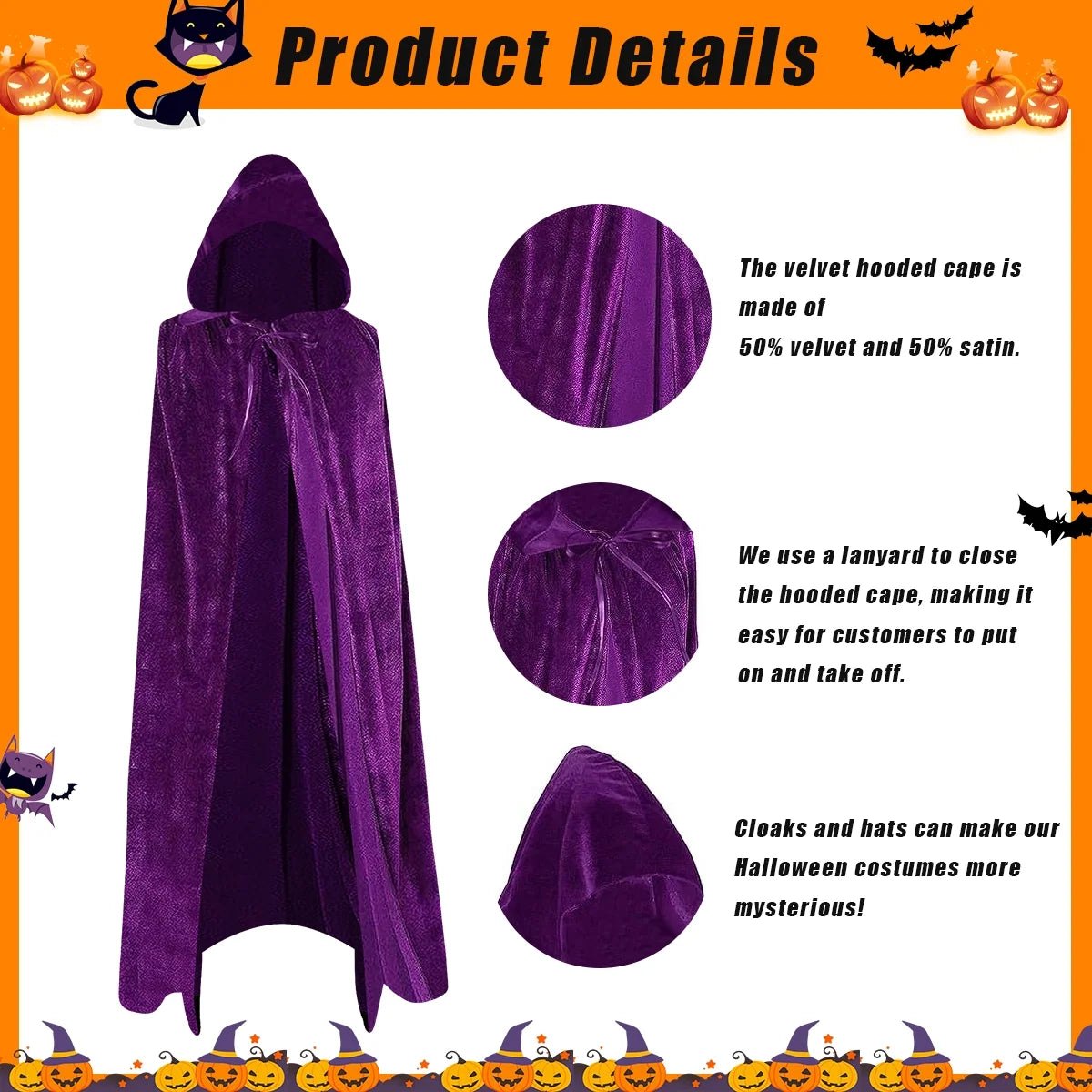 Cloak with Hood Halloween Costume Velvet Cape Witch Vampire Outfits Halloween Costumes for Women Men Black