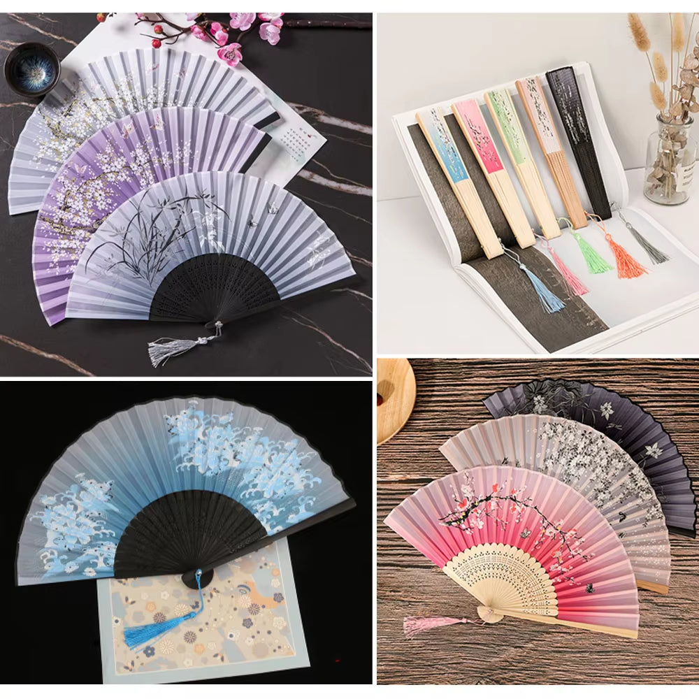 Bamboo Folding Fan Silk Chinese Stylefan Hand Held Anitque Art Craft Japnese Summer Female Dance Home Decoration Party Ventila