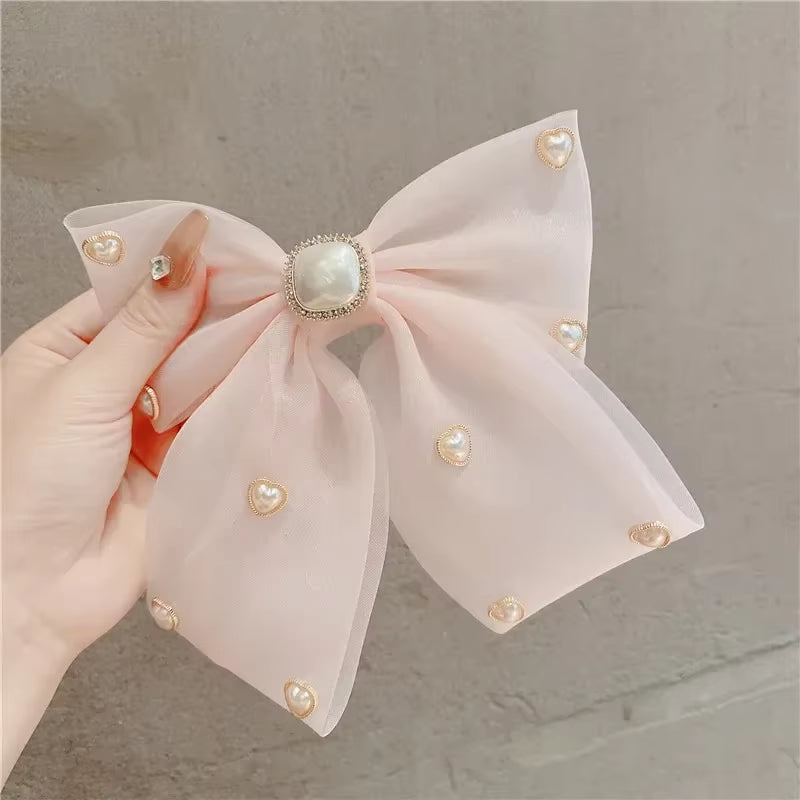 New Fashion Fabric Chiffon Bow Hairclips Pearl Bowknot Hairpins for Women Girls Hairgrip Elegant Korean Hair Accessories