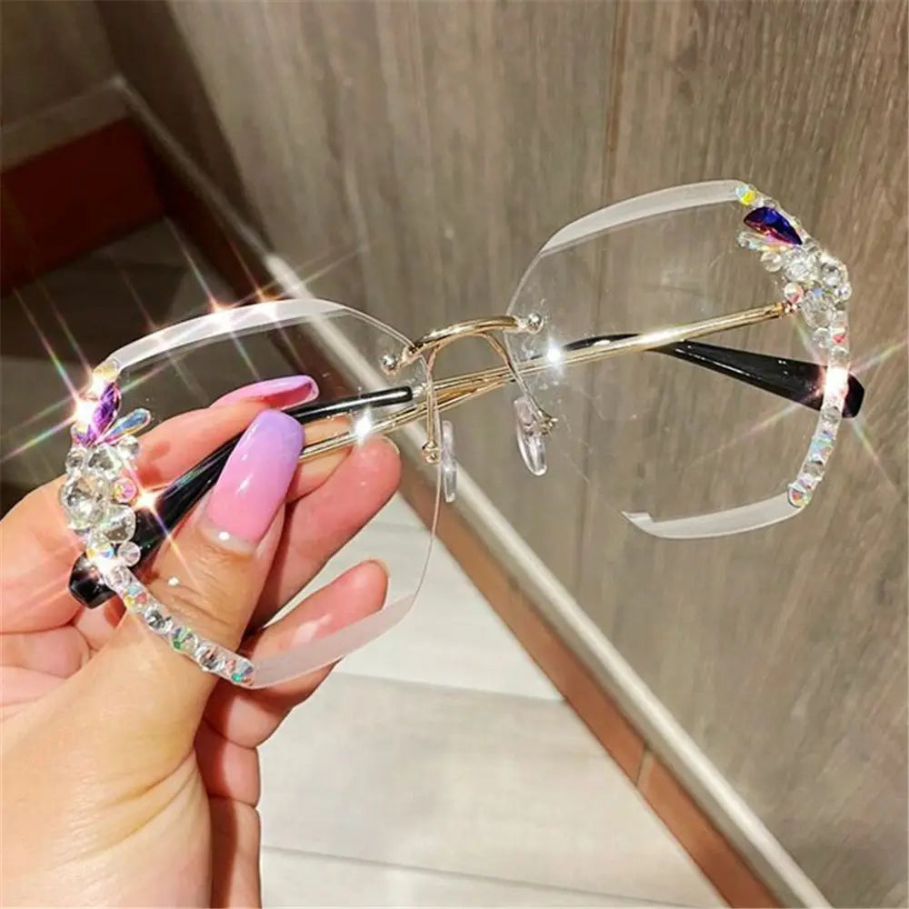 New Fashion Female Eyewear Cutting Lens Rimless Sunglasses Gradient Rhinestone Sunglasses Women Sun Glasses