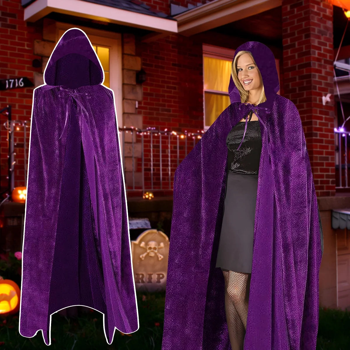 Cloak with Hood Halloween Costume Velvet Cape Witch Vampire Outfits Halloween Costumes for Women Men Black