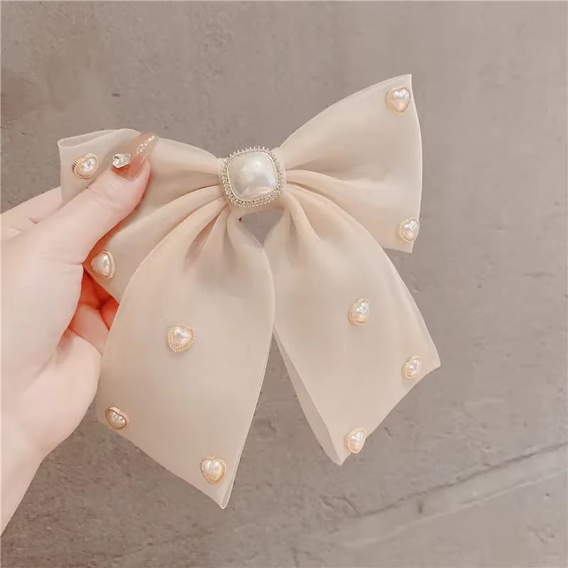 New Fashion Fabric Chiffon Bow Hairclips Pearl Bowknot Hairpins for Women Girls Hairgrip Elegant Korean Hair Accessories