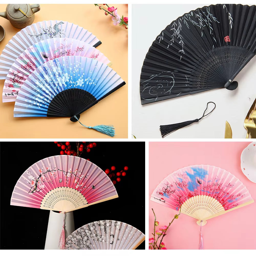 Bamboo Folding Fan Silk Chinese Stylefan Hand Held Anitque Art Craft Japnese Summer Female Dance Home Decoration Party Ventila